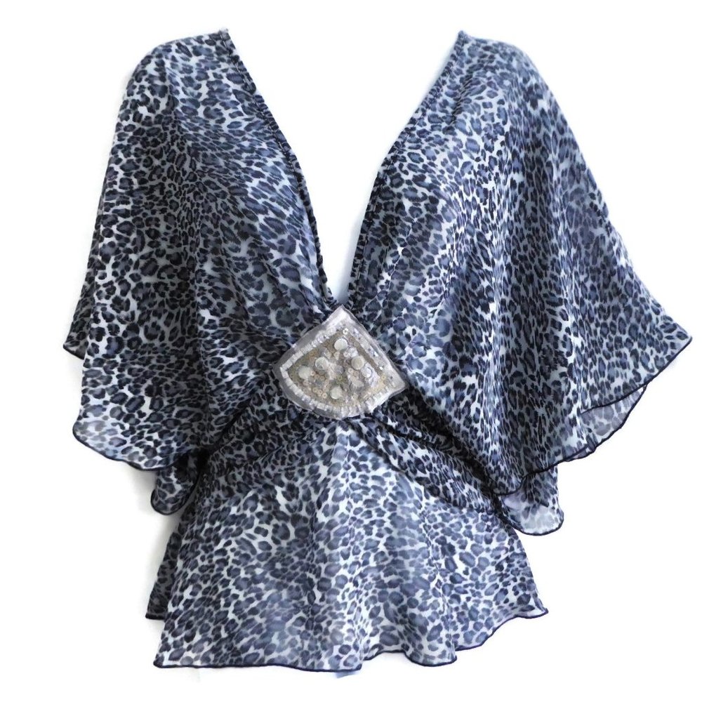 Sapa Blouse Blue Animal Butterfly Sleeves Silver Brooch Smock Waistband